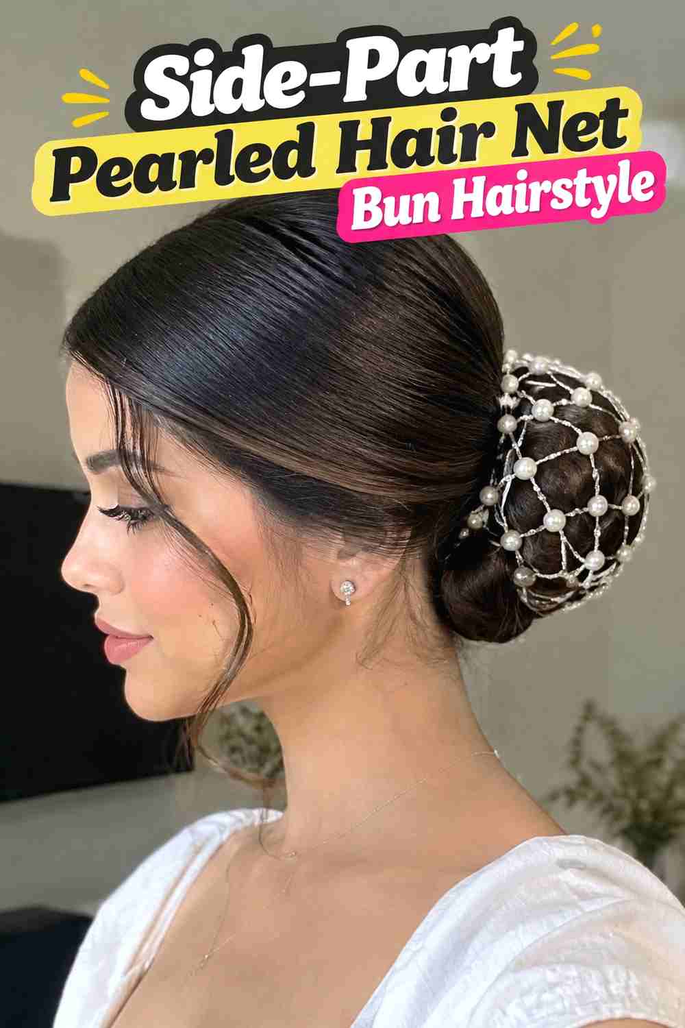 3. Side Part Pearled Hair Net Bun Hairstyle
