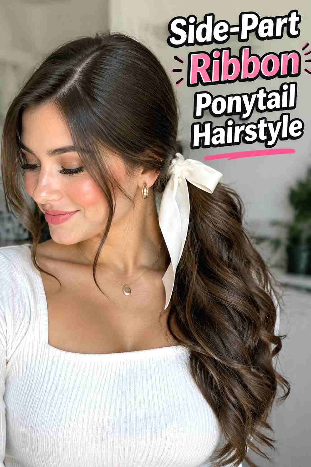 8. Side Part Ribbon Ponytail Hairstyle