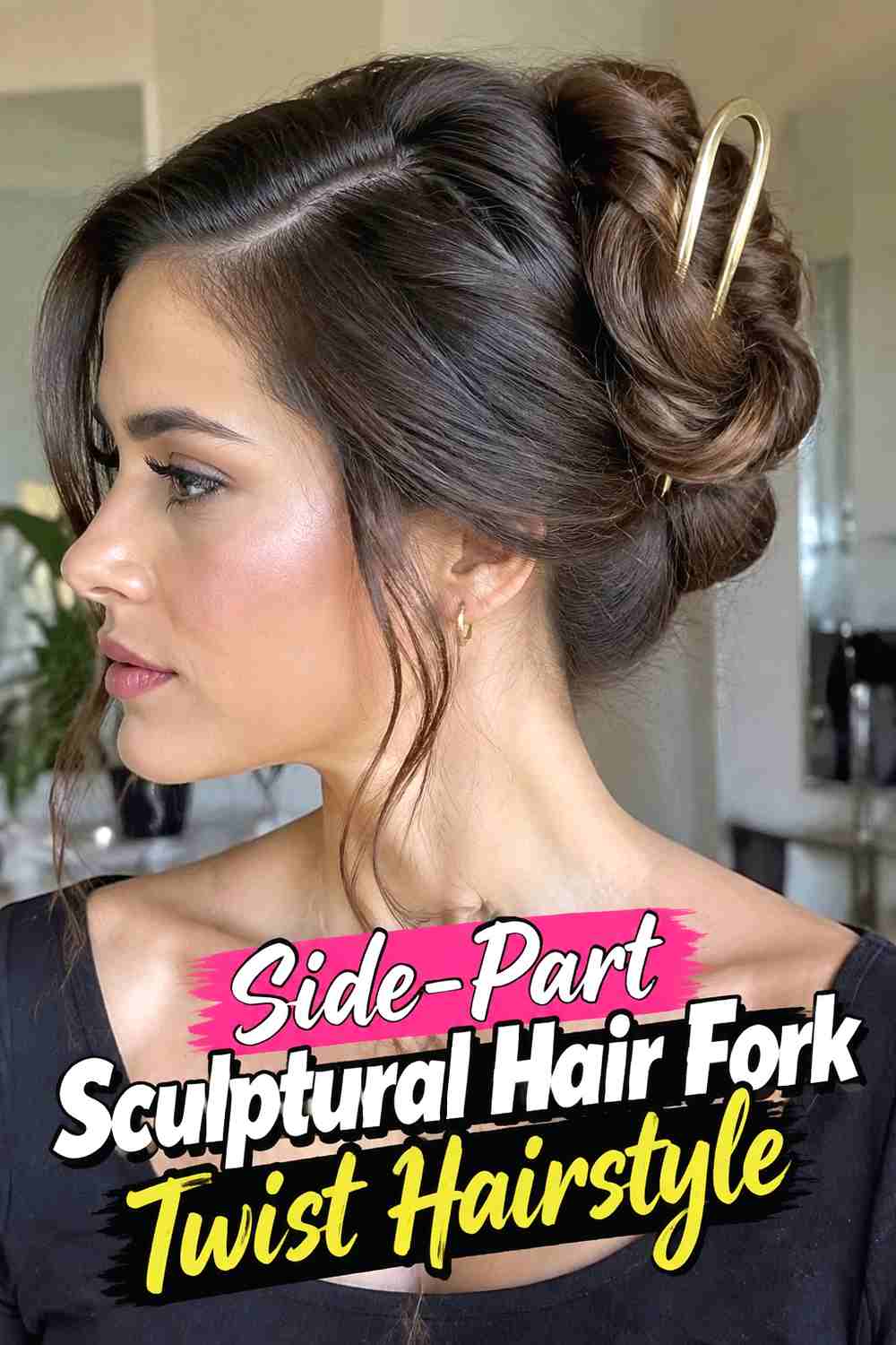 7. Side Part Sculptural Hair Fork Twist Hairstyle