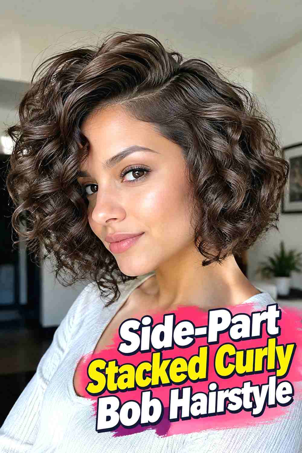 4. Side Part Stacked Curly Bob Hairstyle
