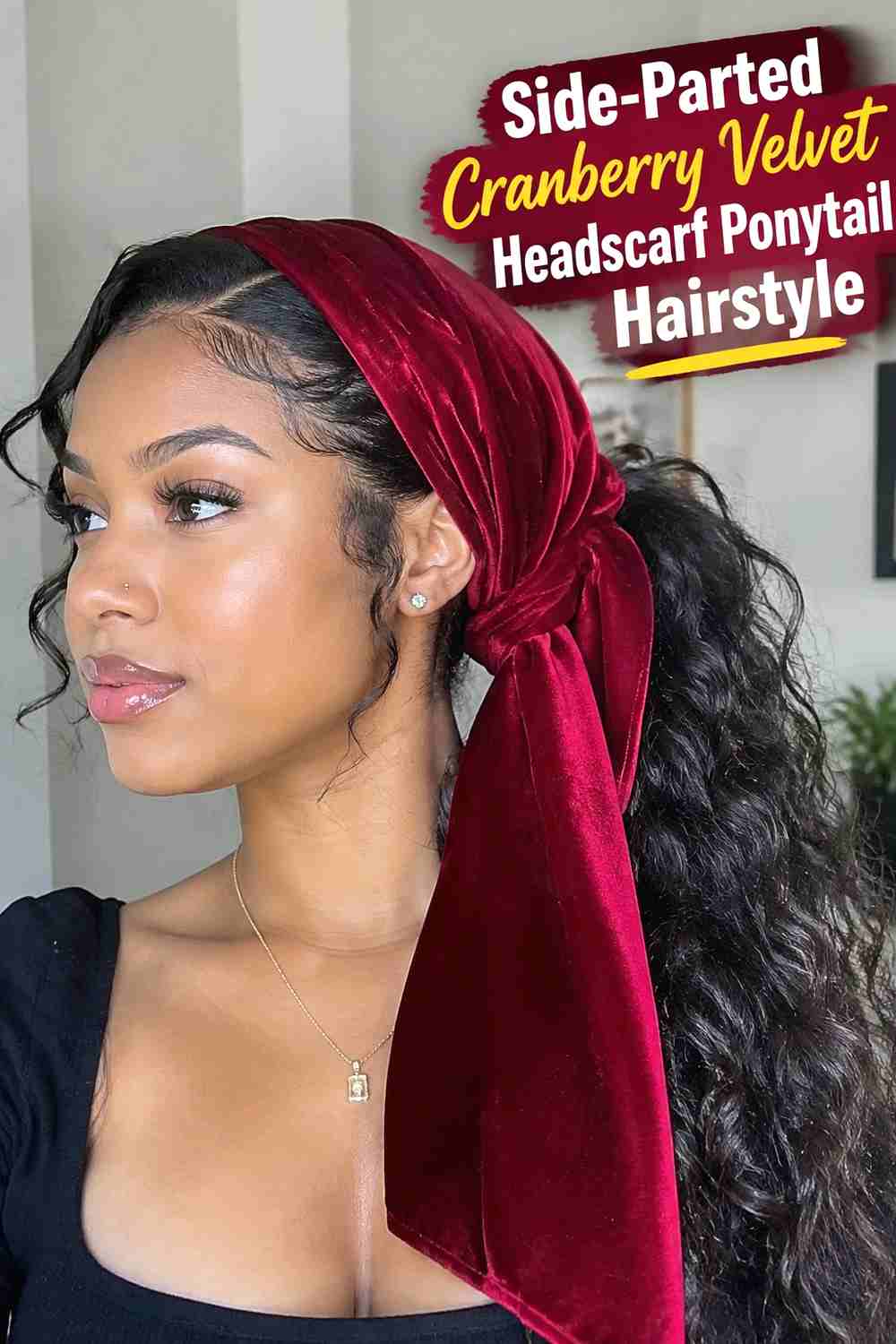 9. Side Parted Cranberry Velvet Headscarf Ponytail Hairstyle