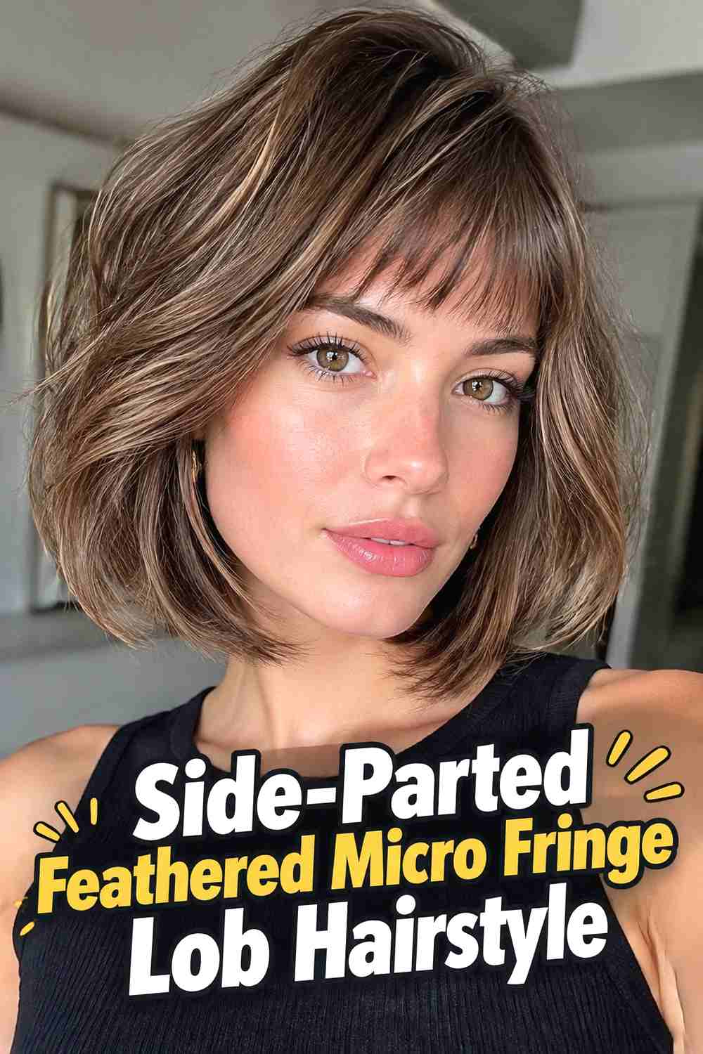 10. Side Parted Feathered Micro Fringe Lob Hairstyle