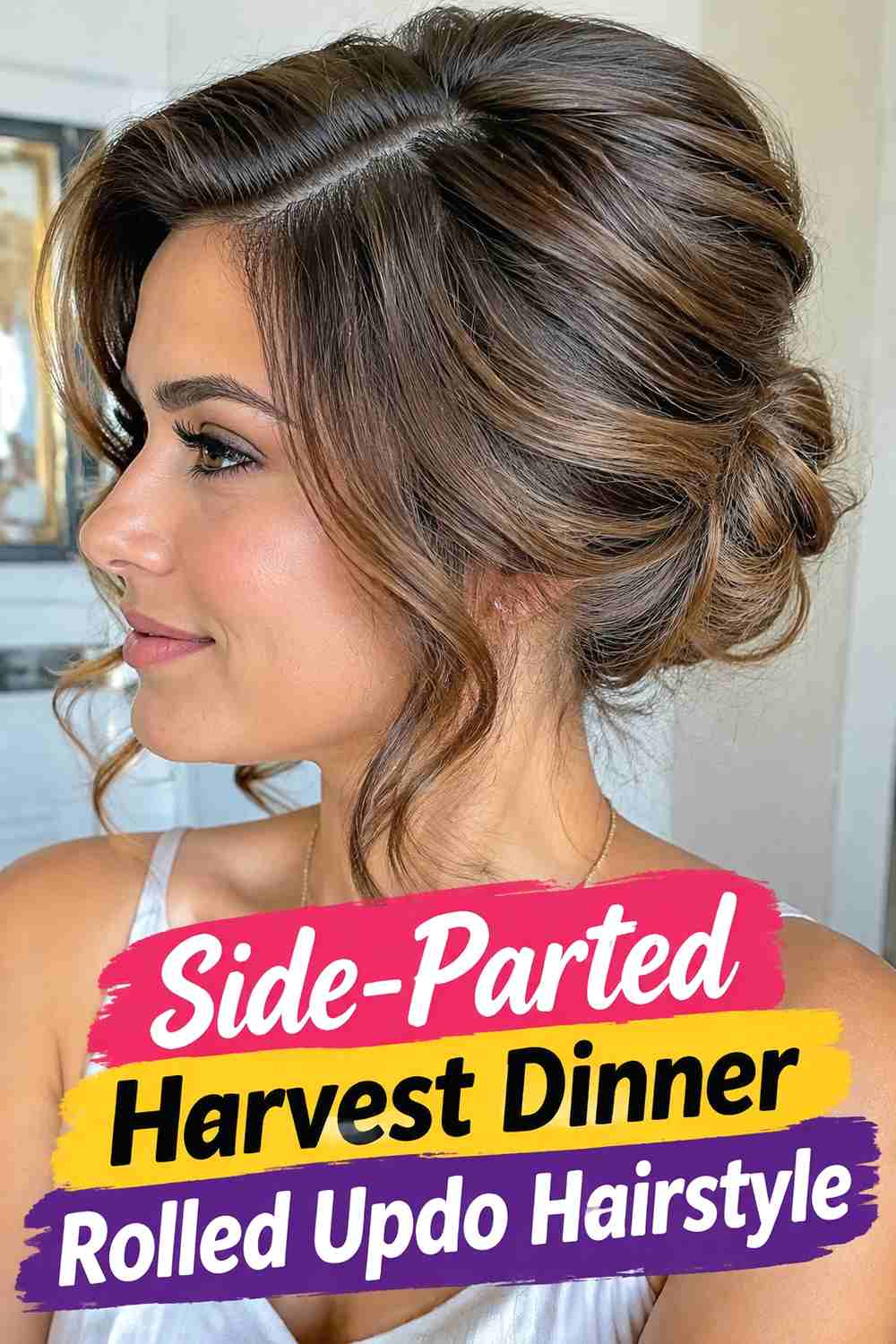 10. Side Parted Harvest Dinner Rolled Updo Hairstyle