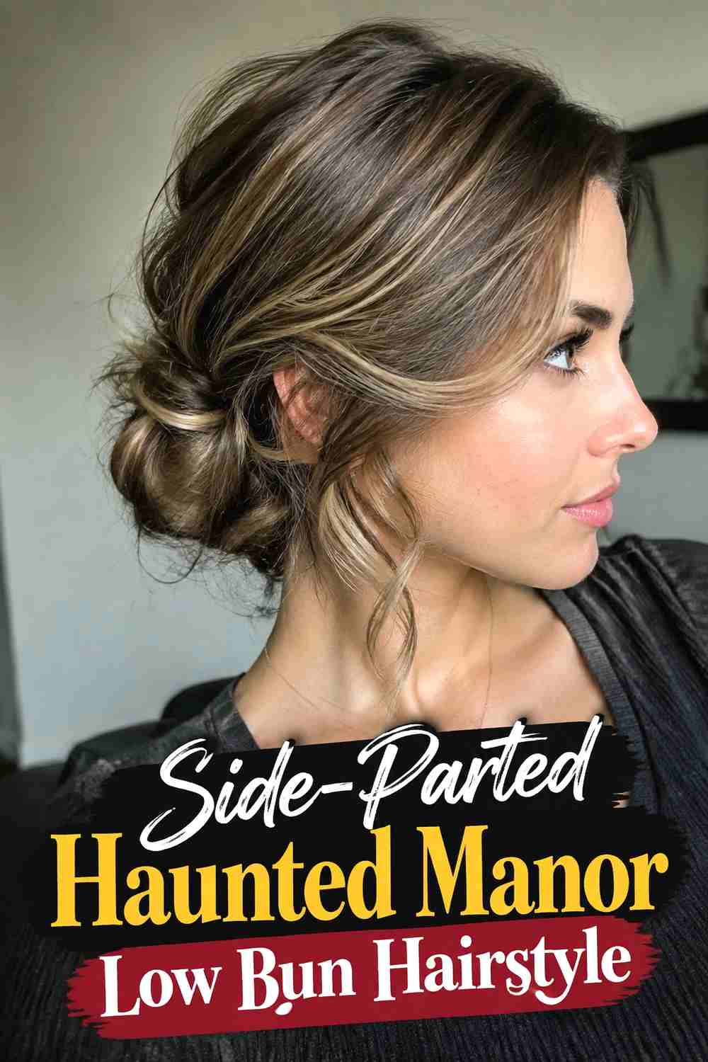 7. Side Parted Haunted Manor Low Bun Hairstyle
