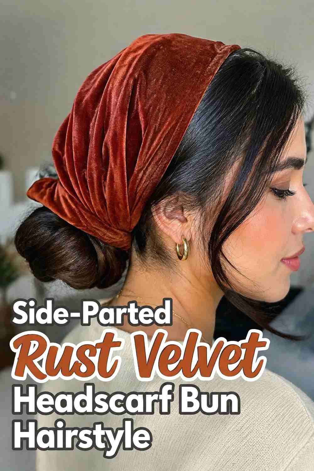 3. Side Parted Rust Velvet Headscarf Bun Hairstyle