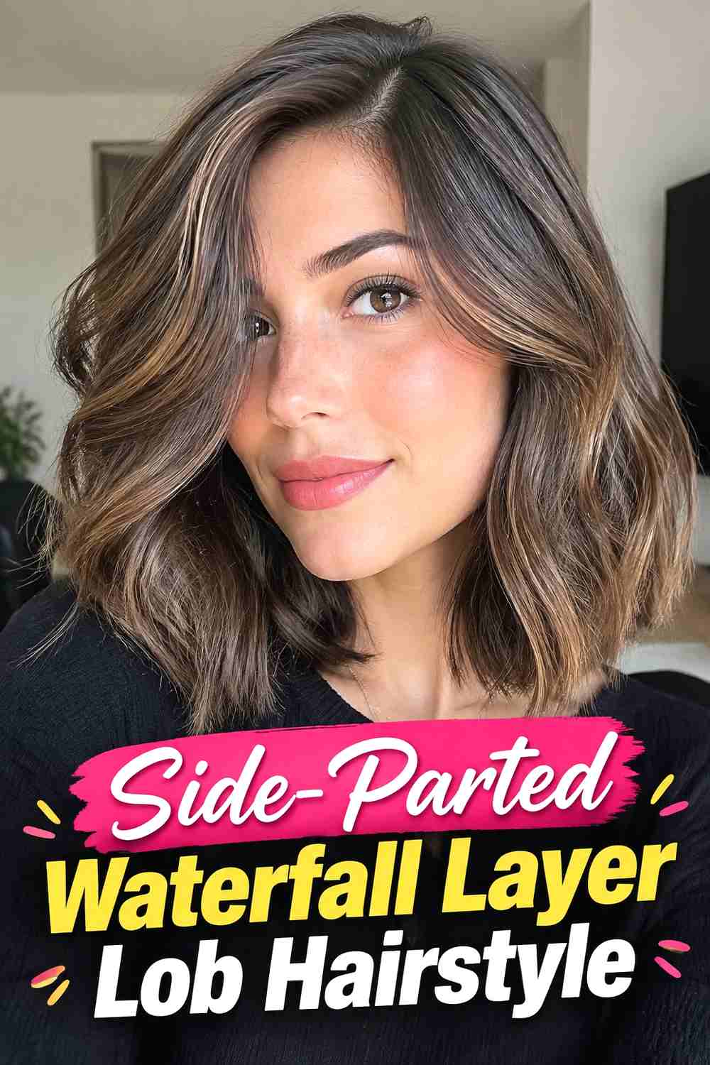 13. Side Parted Waterfall Layer Lob Hairstyle