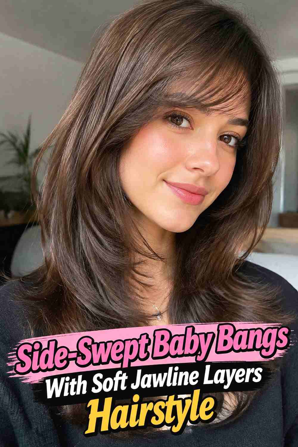 10. Side Swept Baby Bangs With Soft Jawline Layers Hairstyle