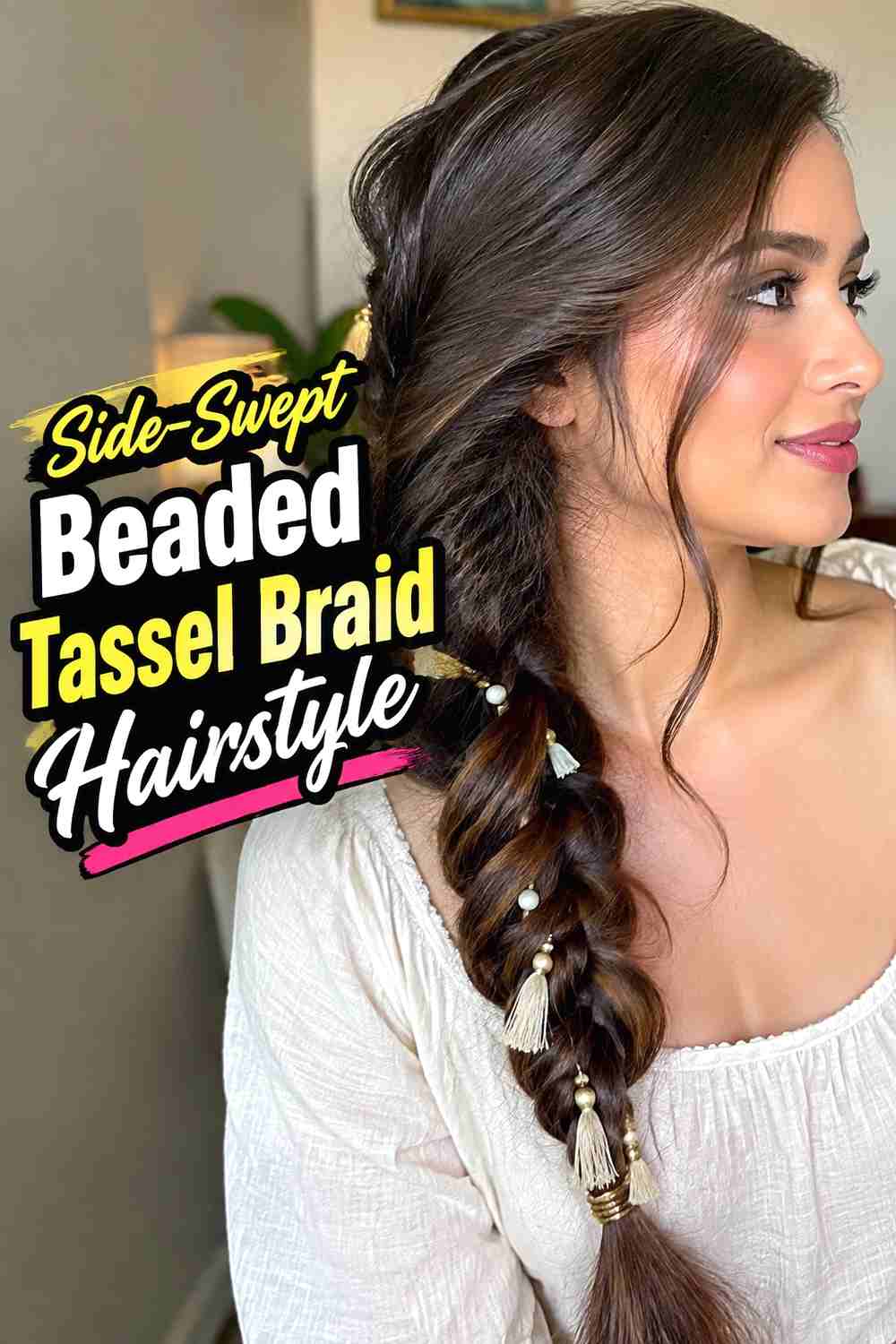 3. Side Swept Beaded Tassel Braid Hairstyle