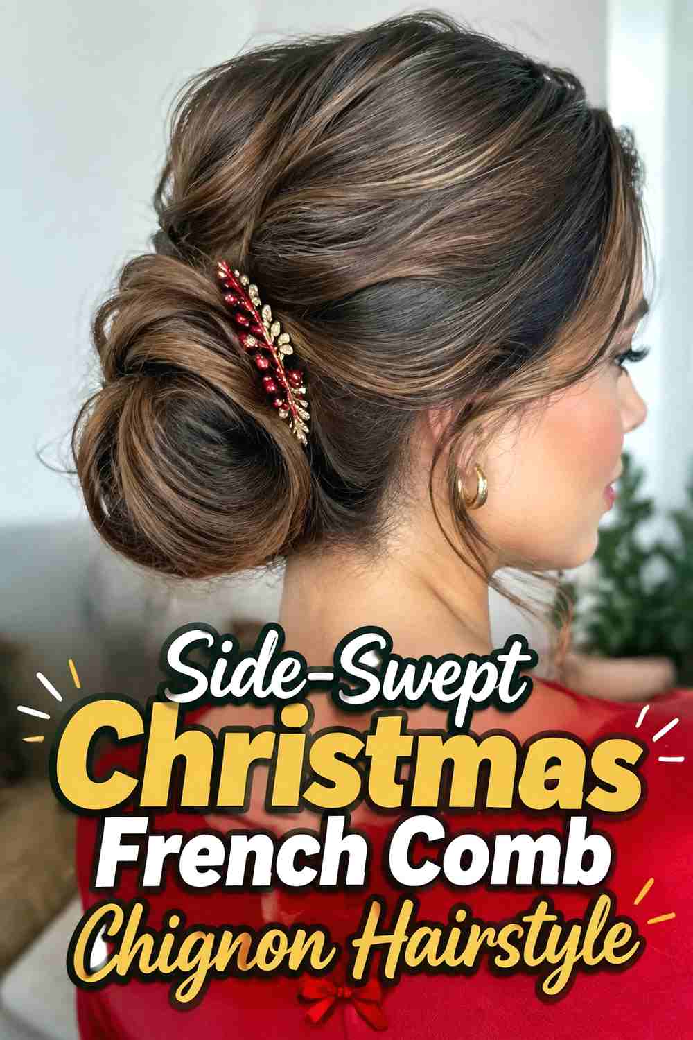 10. Side Swept Christmas French Comb Chignon Hairstyle