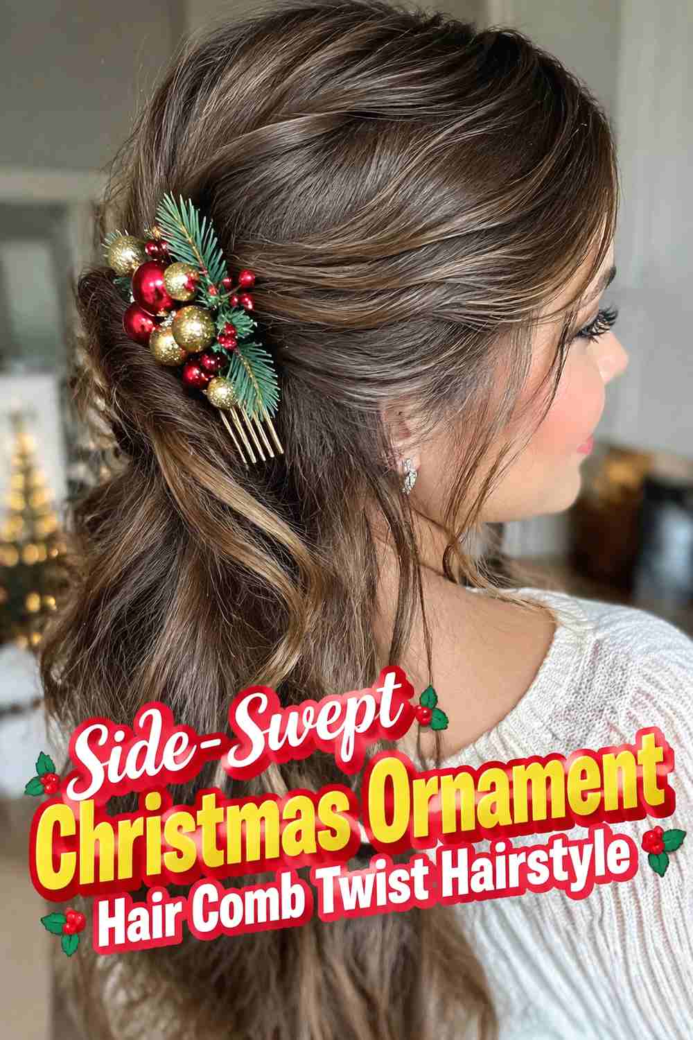 12. Side Swept Christmas Ornament Hair Comb Twist Hairstyle