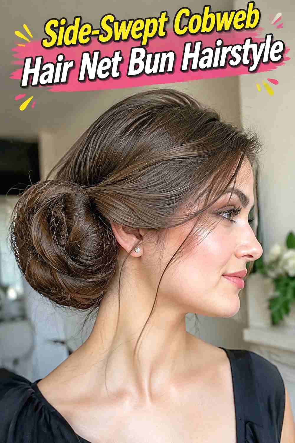 4. Side Swept Cobweb Hair Net Bun Hairstyle