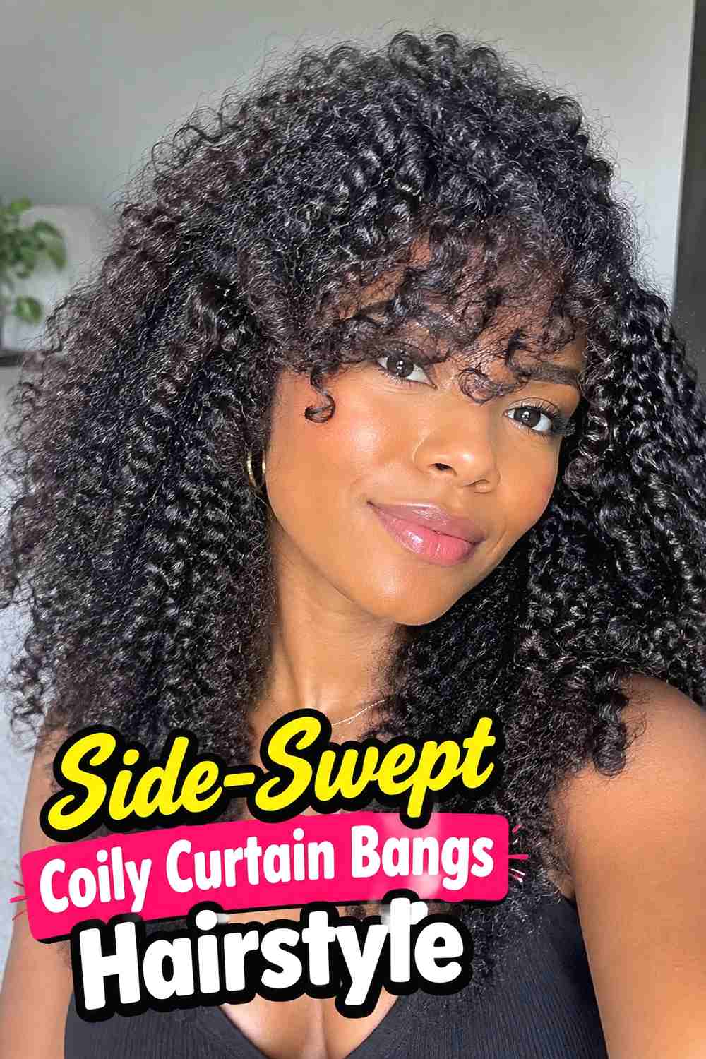 9. Side Swept Coily Curtain Bangs Hairstyle