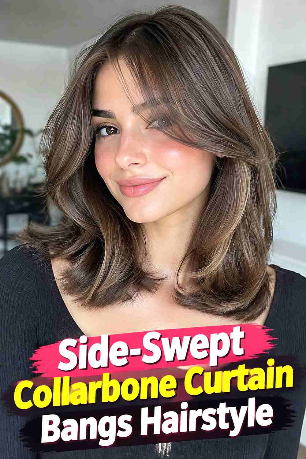 11. Side Swept Collarbone Curtain Bangs Hairstyle