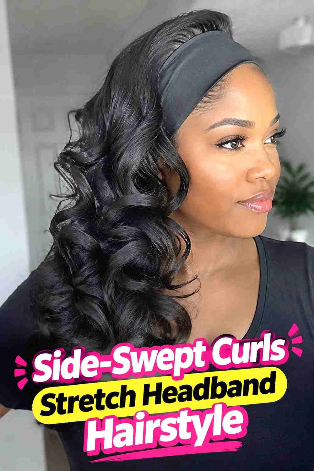 14. Side Swept Curls Stretch Headband Hairstyle
