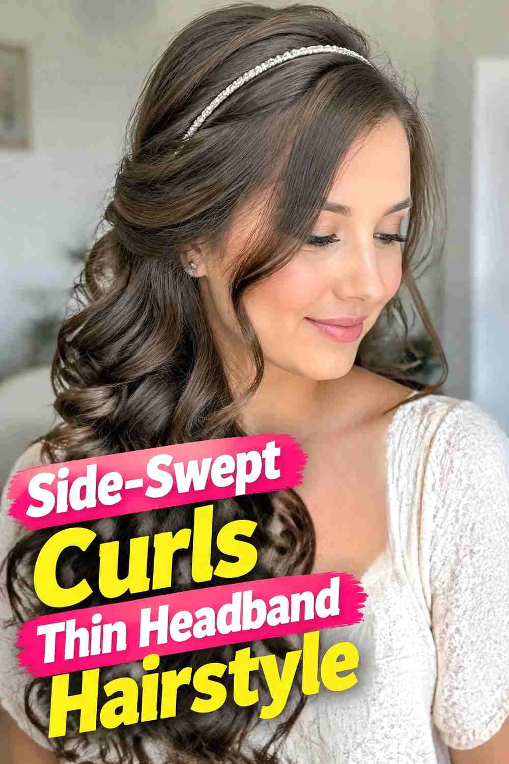 14. Side Swept Curls Thin Headband Hairstyle