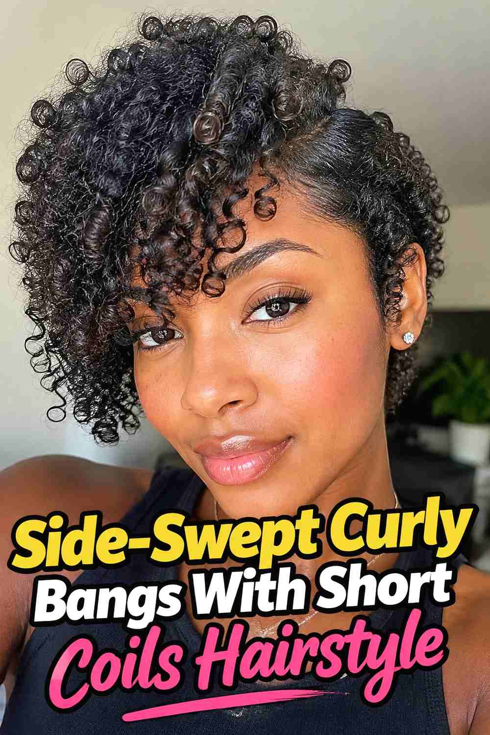 9. Side Swept Curly Bangs With Short Coils Hairstyle