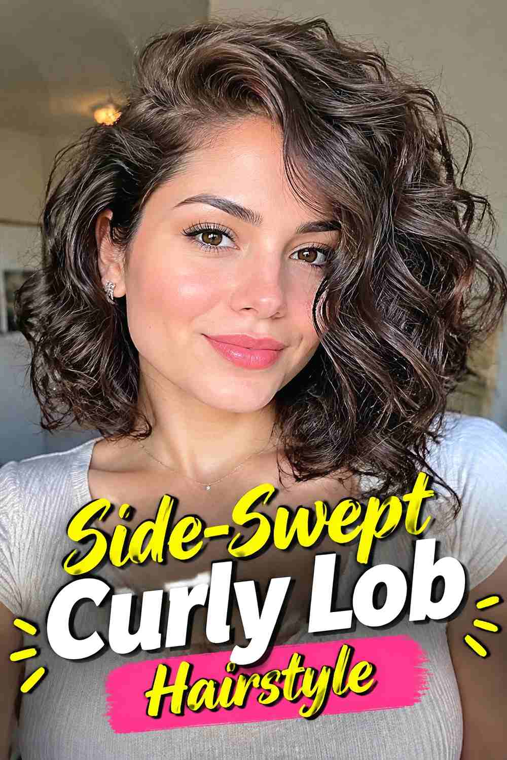 7. Side Swept Curly Lob Hairstyle