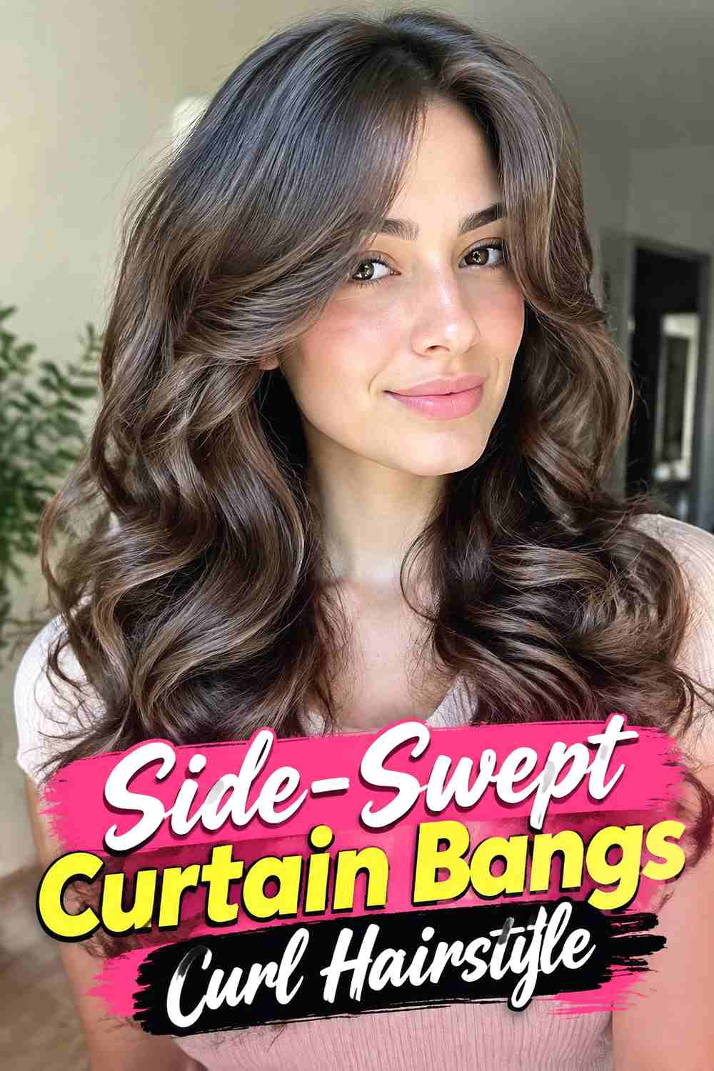 9. Side Swept Curtain Bangs Curl Hairstyle