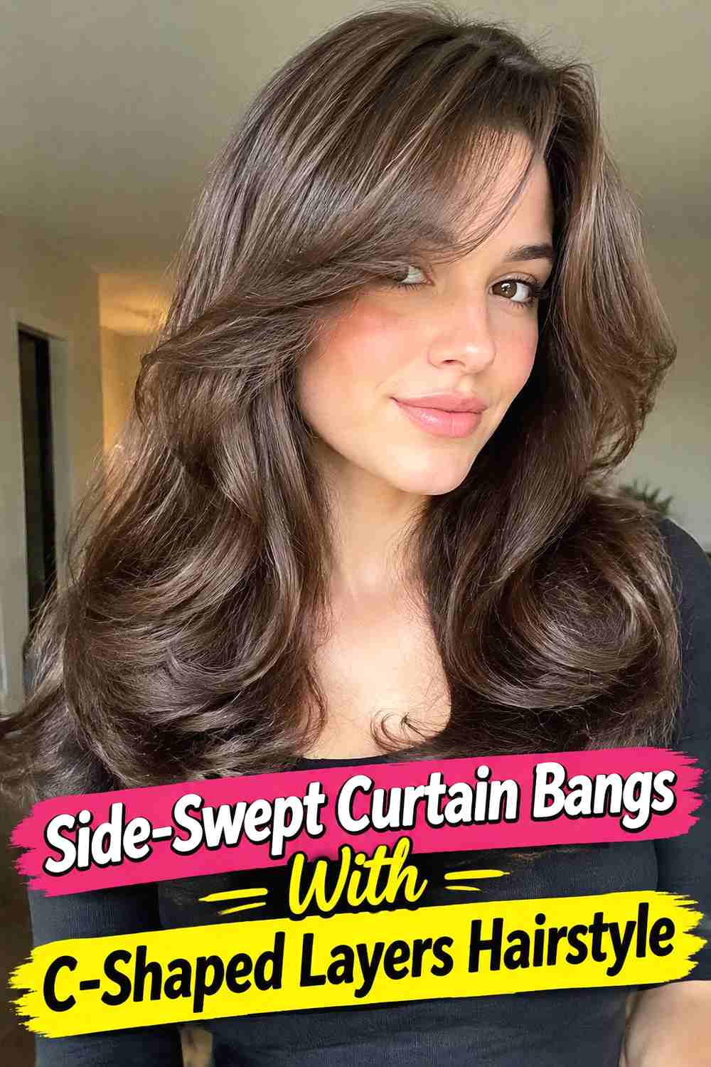 12. Side Swept Curtain Bangs With C Shaped Layers Hairstyle