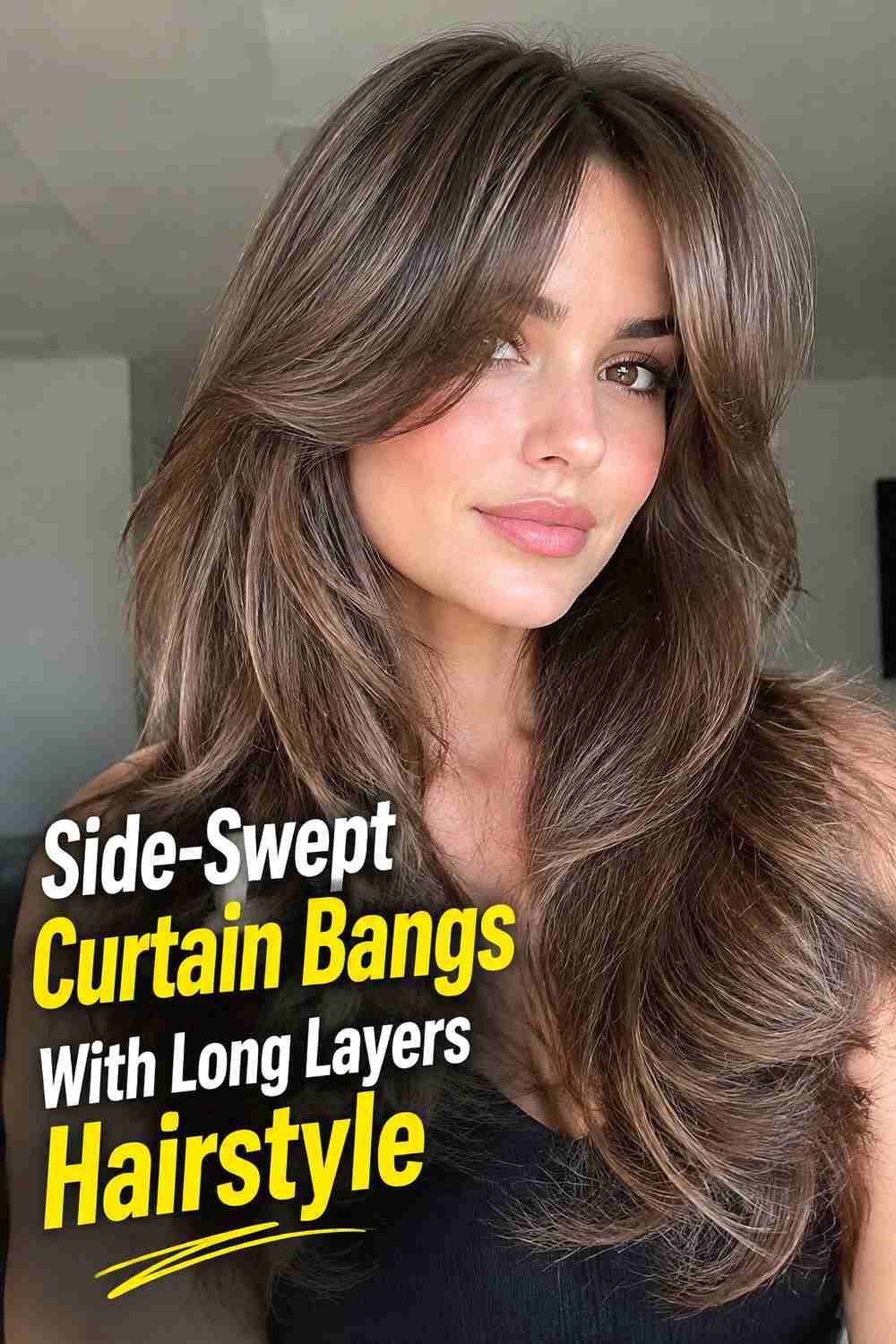 11. Side Swept Curtain Bangs With Long Layers Hairstyle