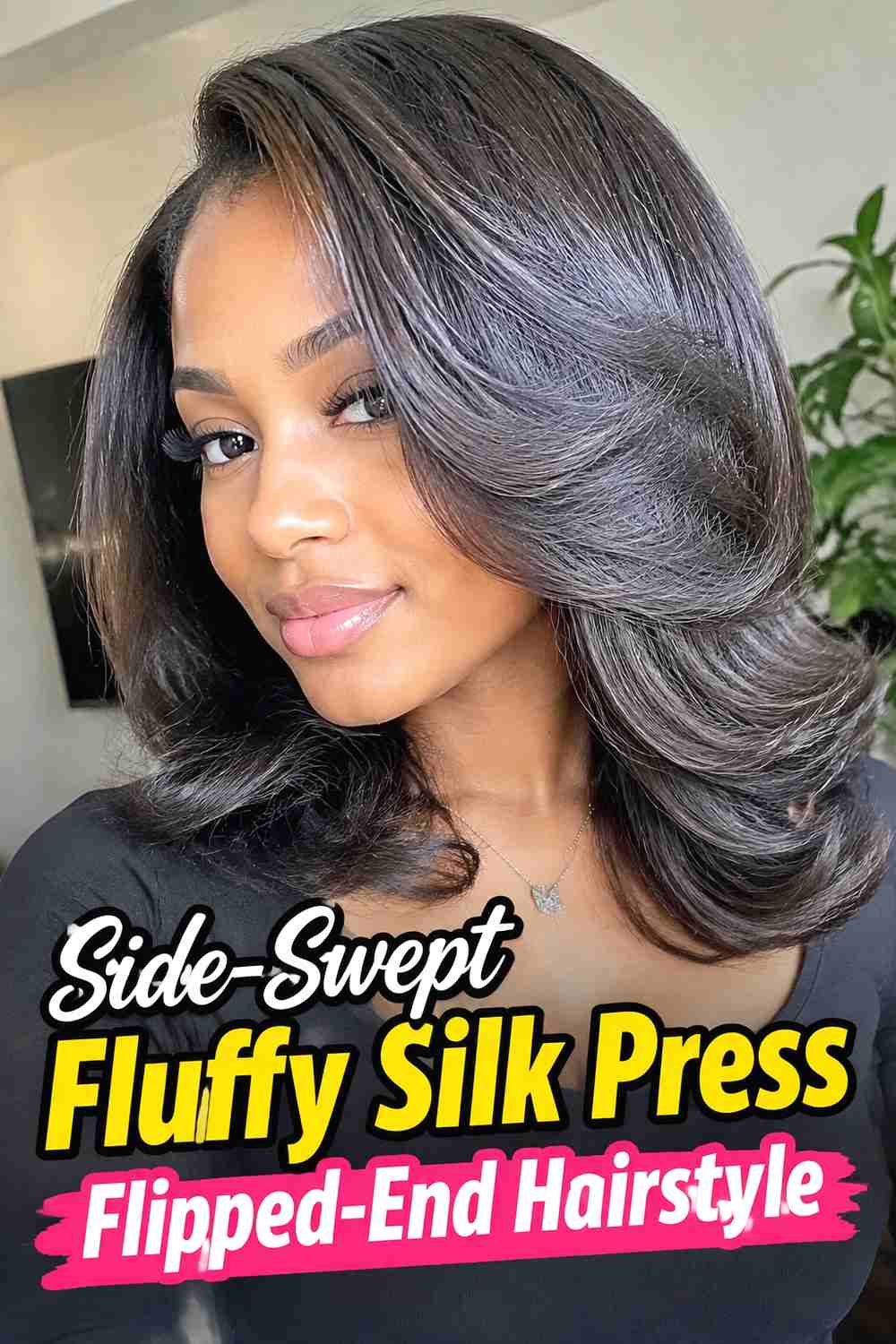 17. Side Swept Fluffy Silk Press Flipped End Hairstyle