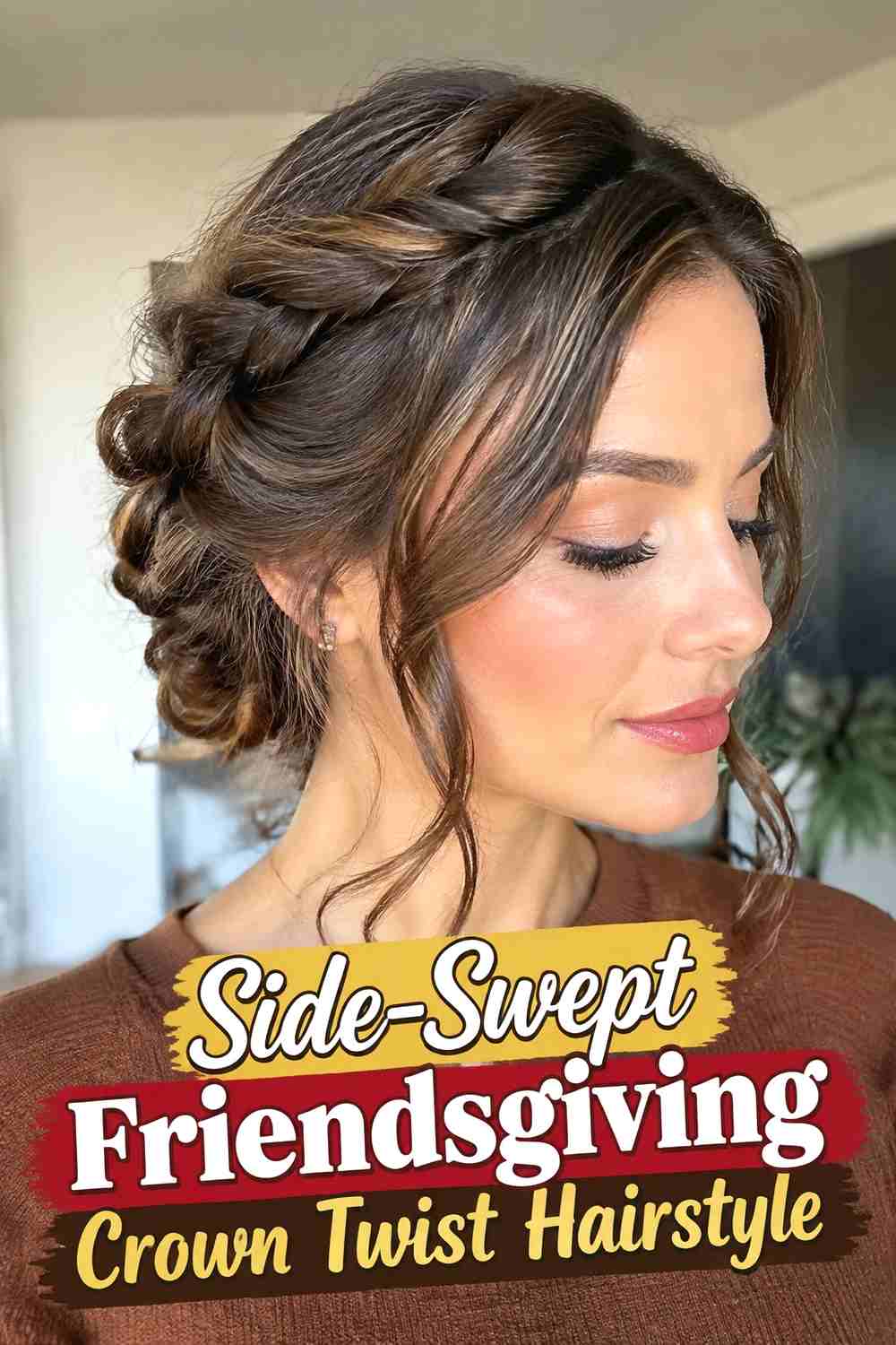 8. Side Swept Friendsgiving Crown Twist Hairstyle