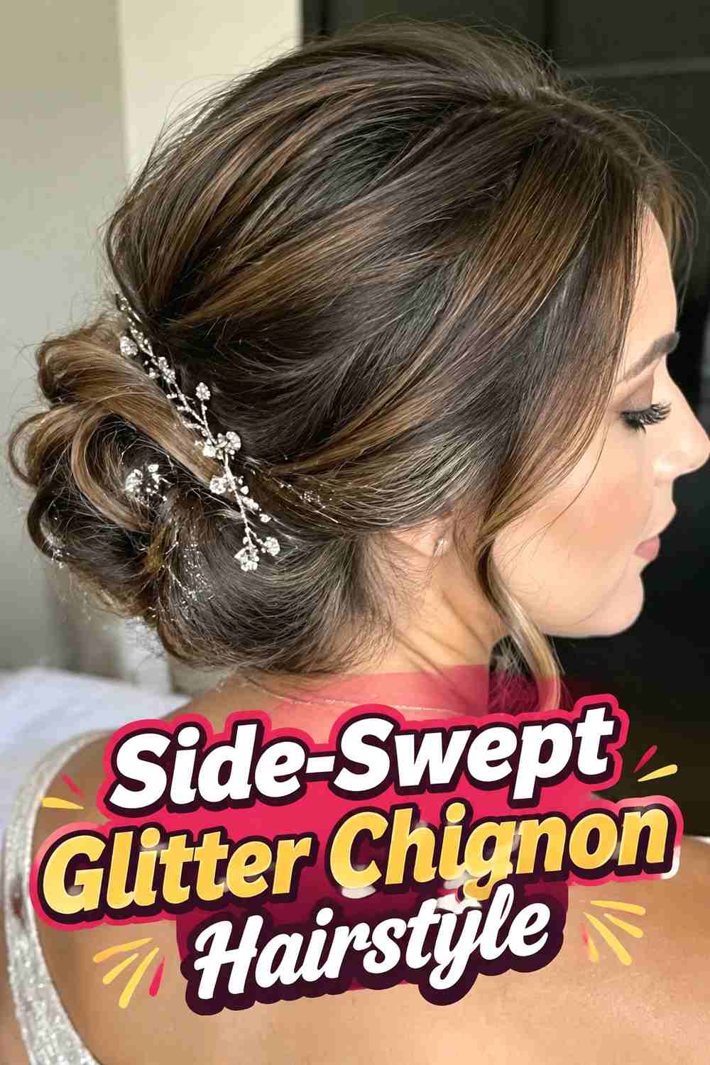 10. Side Swept Glitter Chignon Hairstyle