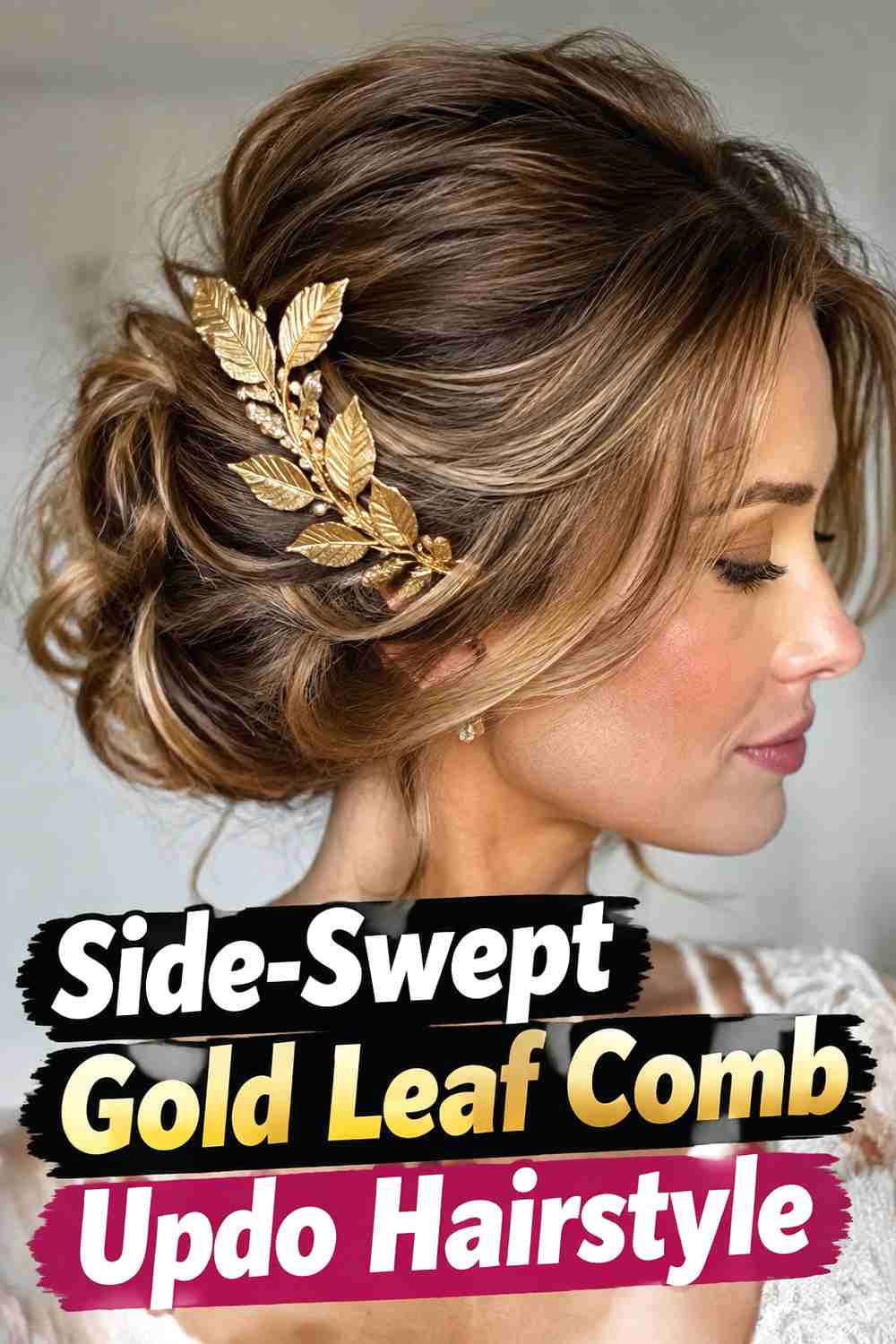 7. Side Swept Gold Leaf Comb Updo Hairstyle