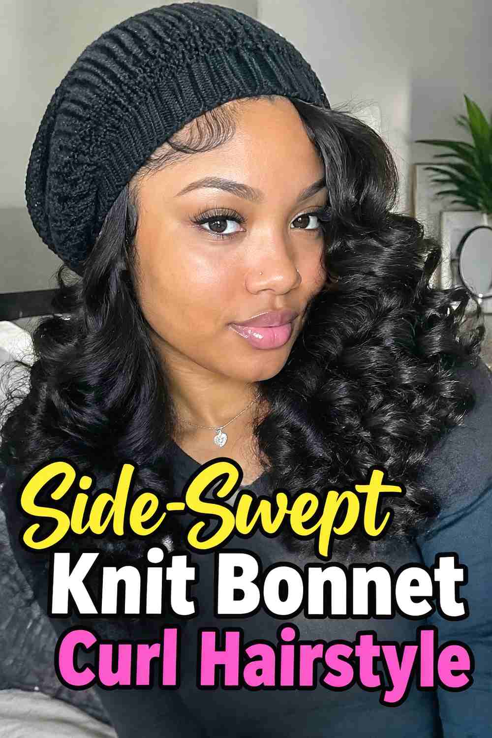 10. Side Swept Knit Bonnet Curl Hairstyle