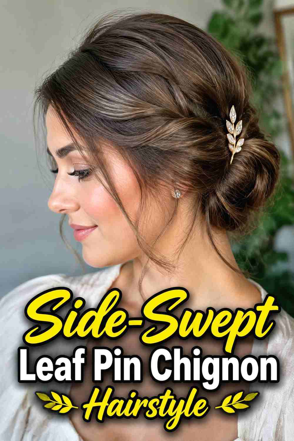 3. Side Swept Leaf Pin Chignon Hairstyle
