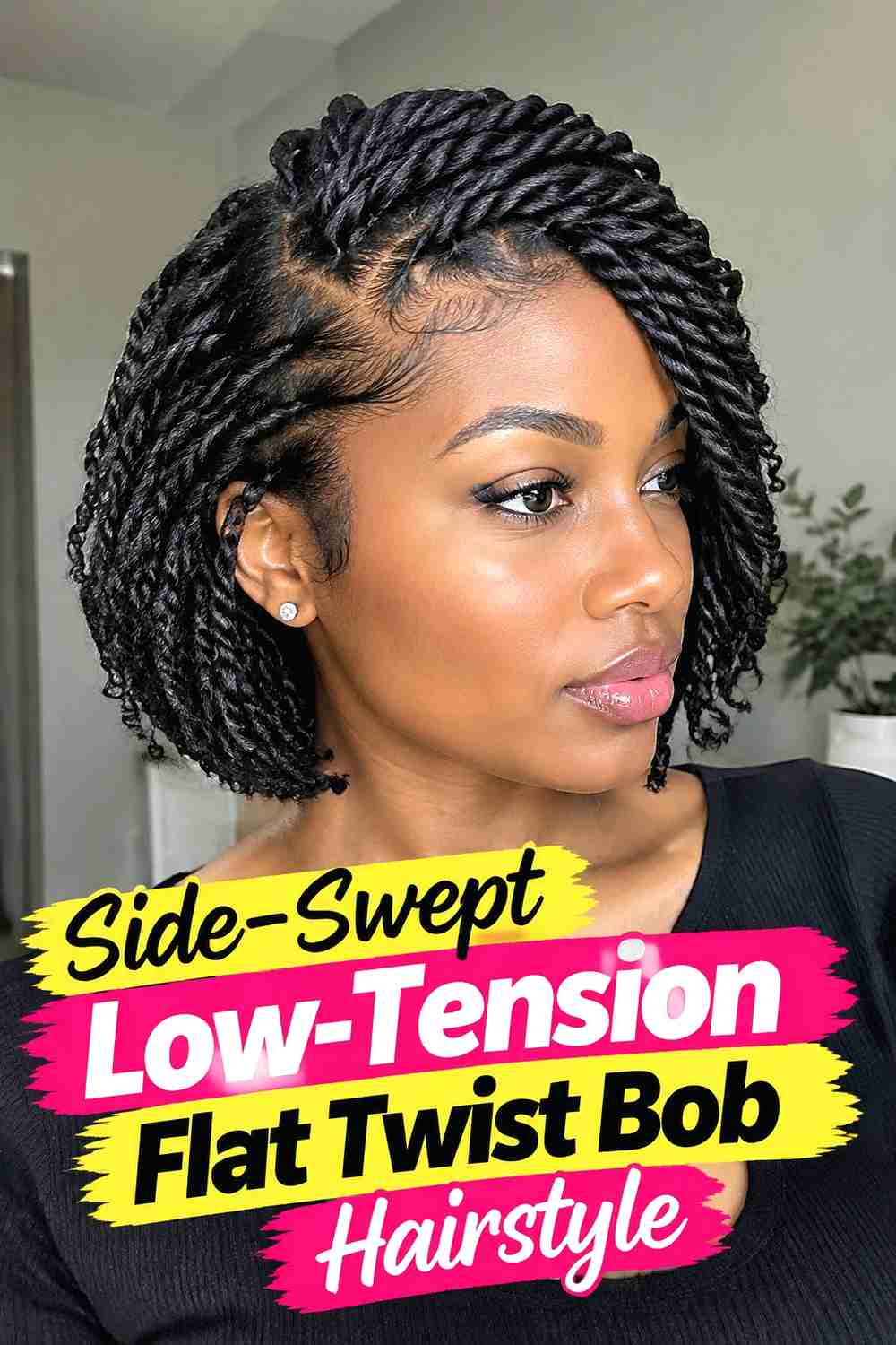 12. Side Swept Low Tension Flat Twist Bob Hairstyle
