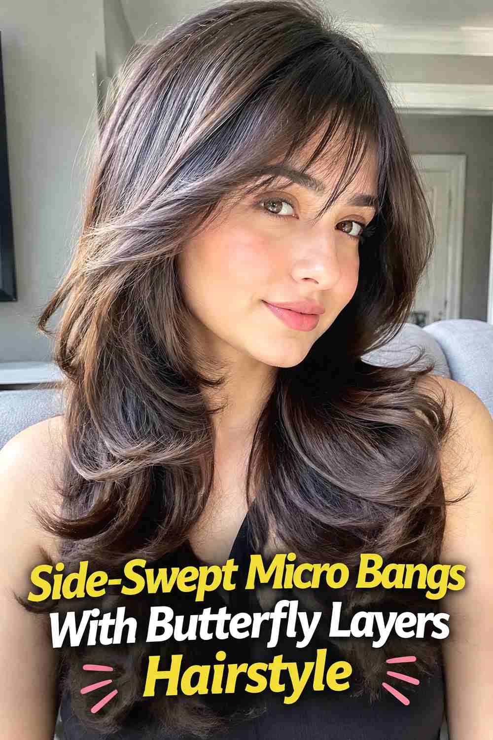 8. Side Swept Micro Bangs With Butterfly Layers Hairstyle