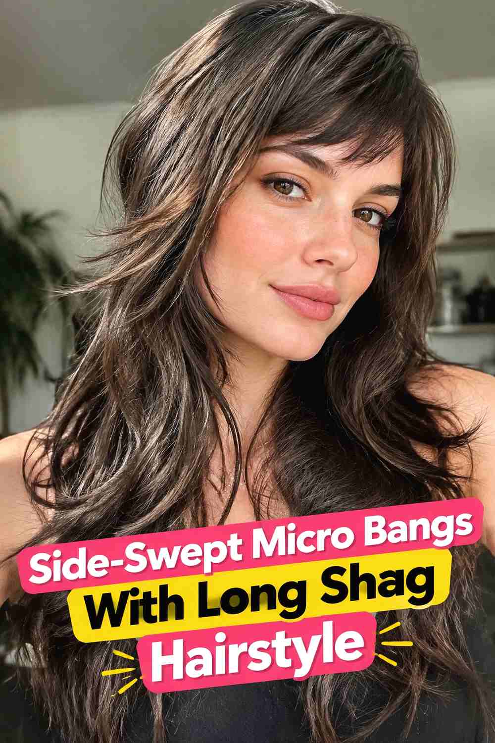 14. Side Swept Micro Bangs With Long Shag Hairstyle