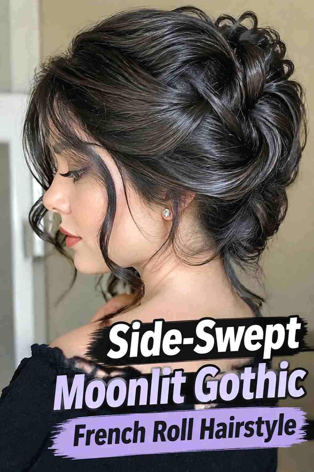 12. Side Swept Moonlit Gothic French Roll Hairstyle