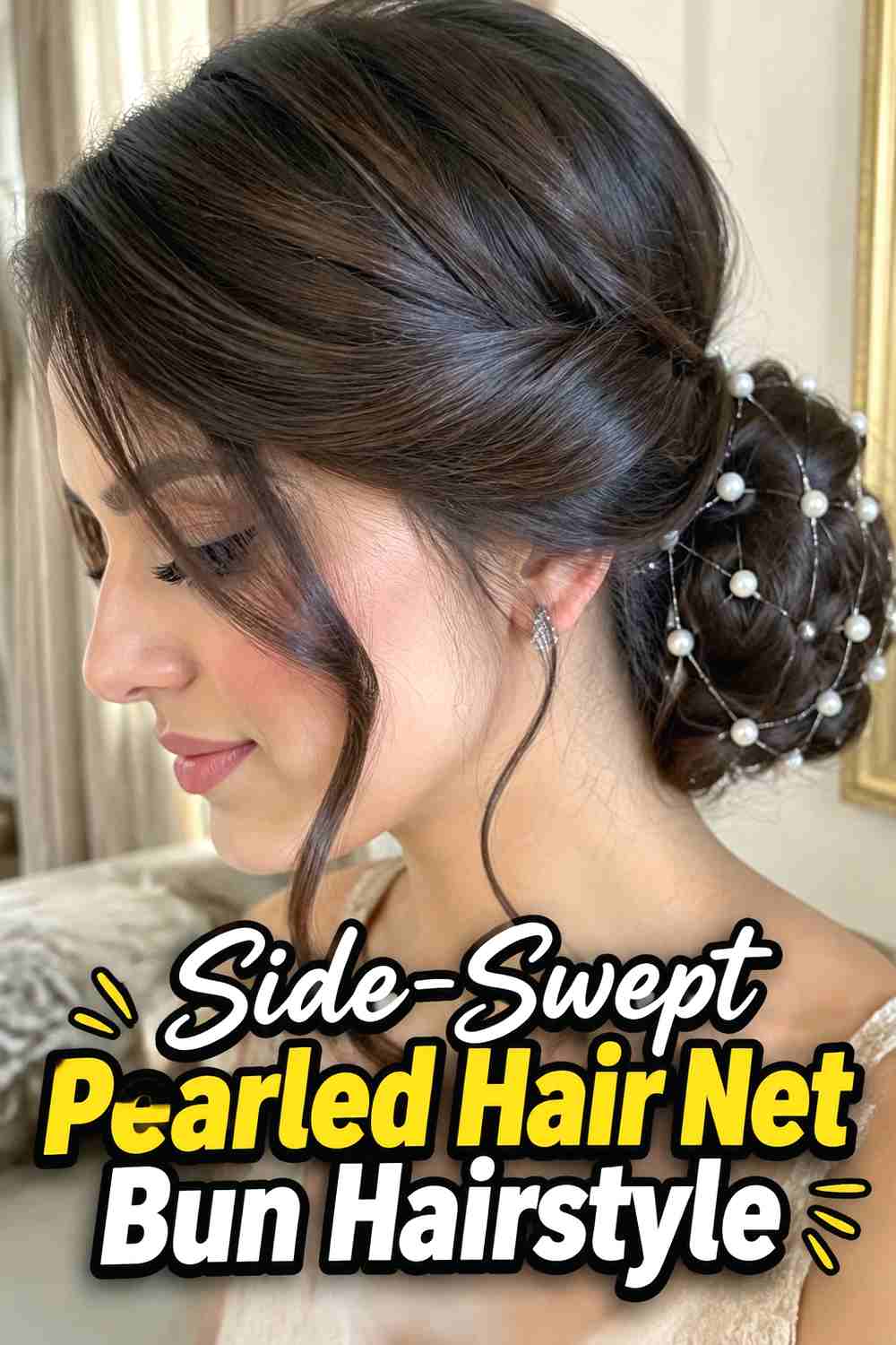 11. Side Swept Pearled Hair Net Bun Hairstyle