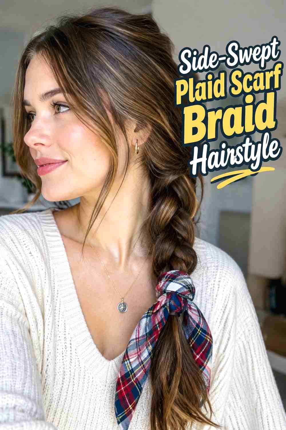 4. Side Swept Plaid Scarf Braid Hairstyle