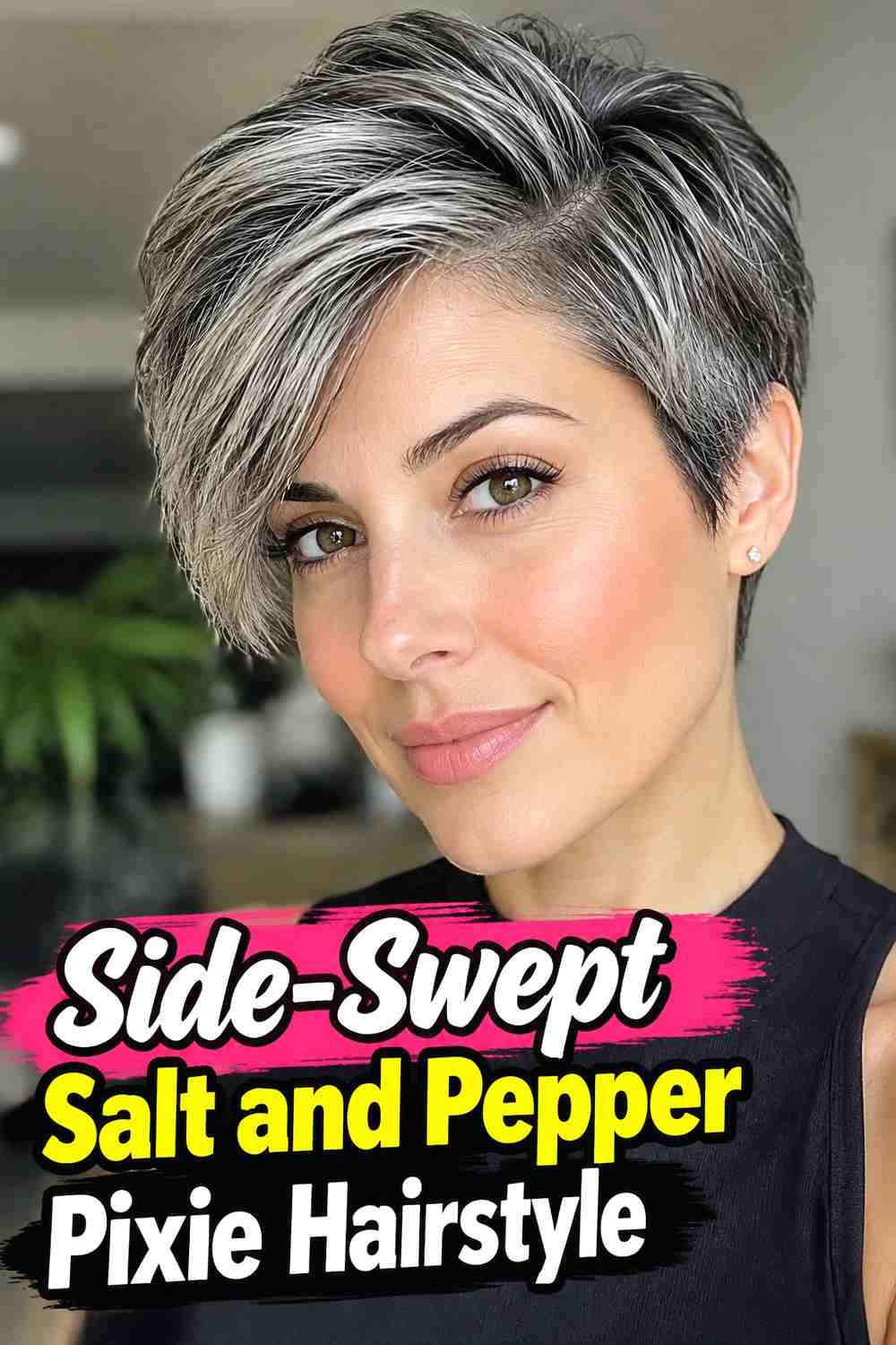4. Side Swept Salt And Pepper Pixie Hairstyle