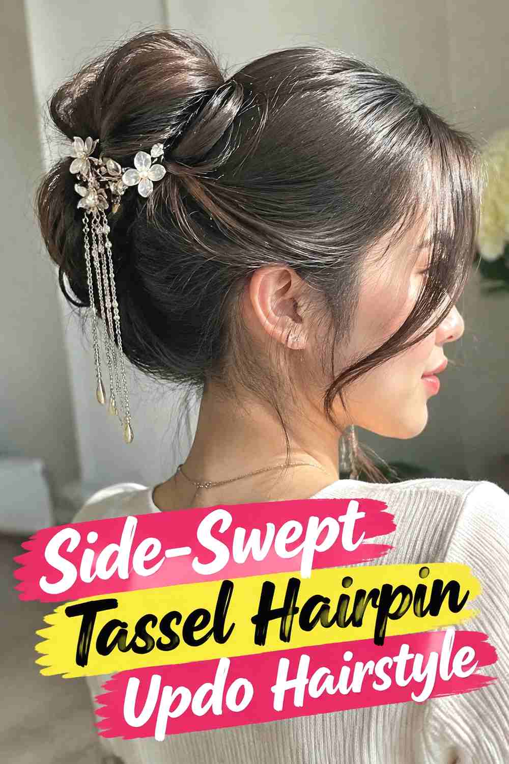 6. Side Swept Tassel Hairpin Updo Hairstyle