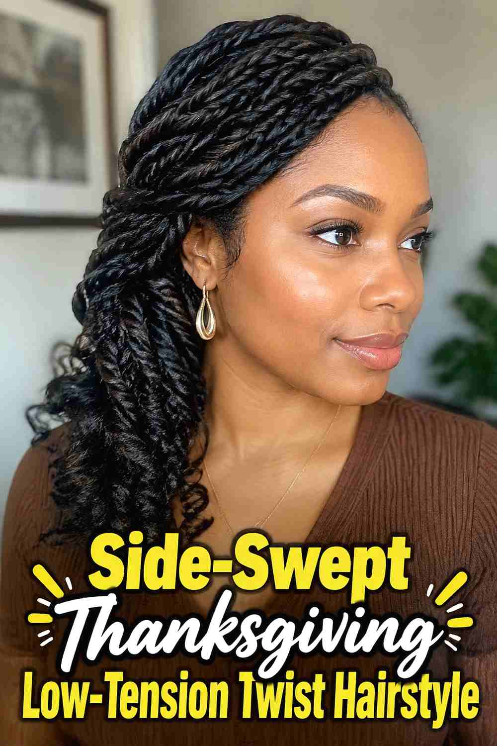 2. Side Swept Thanksgiving Low Tension Twist Hairstyle