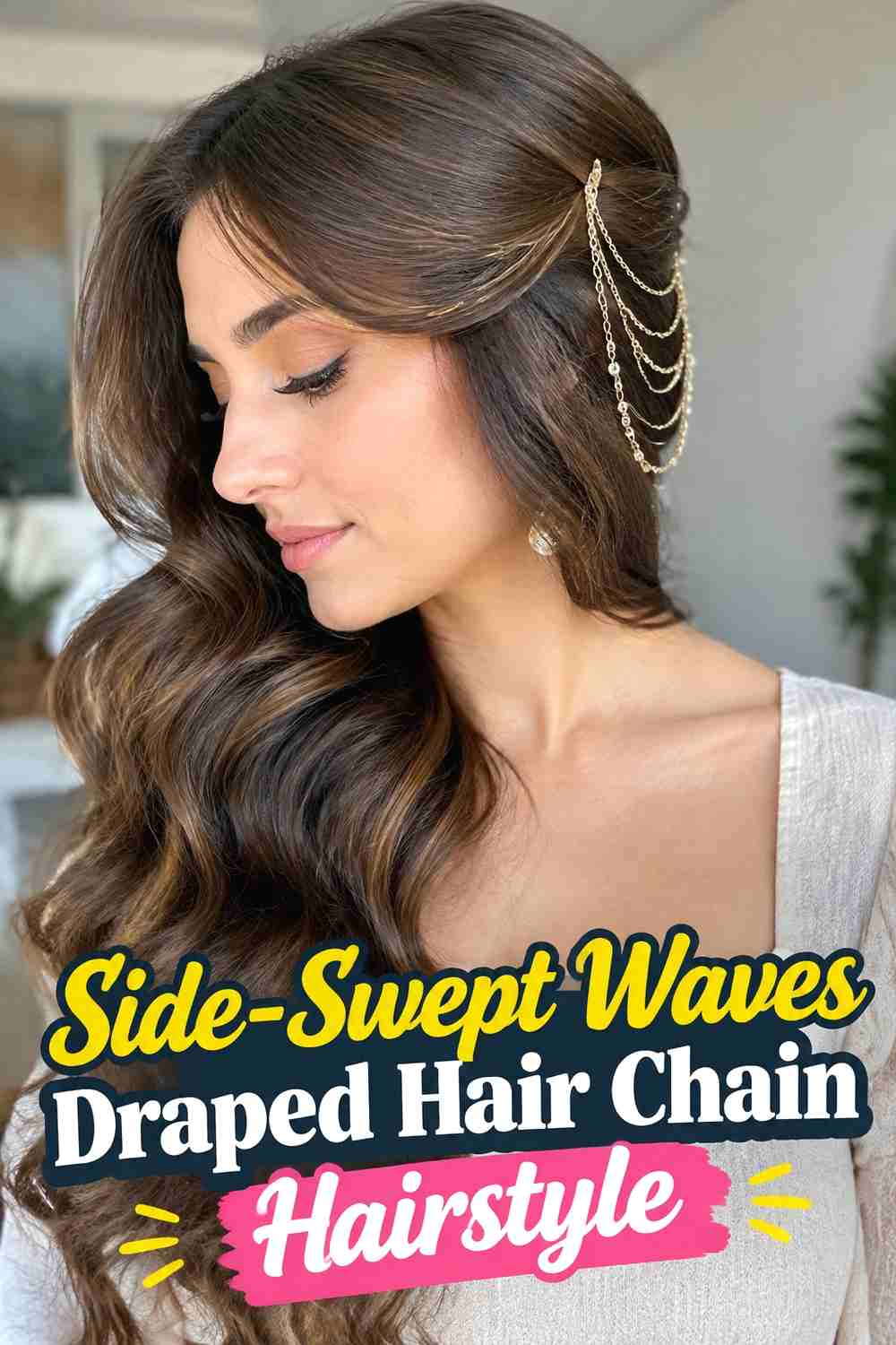 4. Side Swept Waves Draped Hair Chain Hairstyle