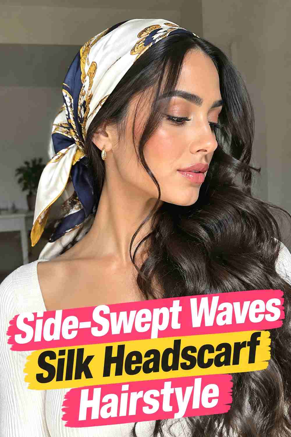 6. Side Swept Waves Silk Headscarf Hairstyle