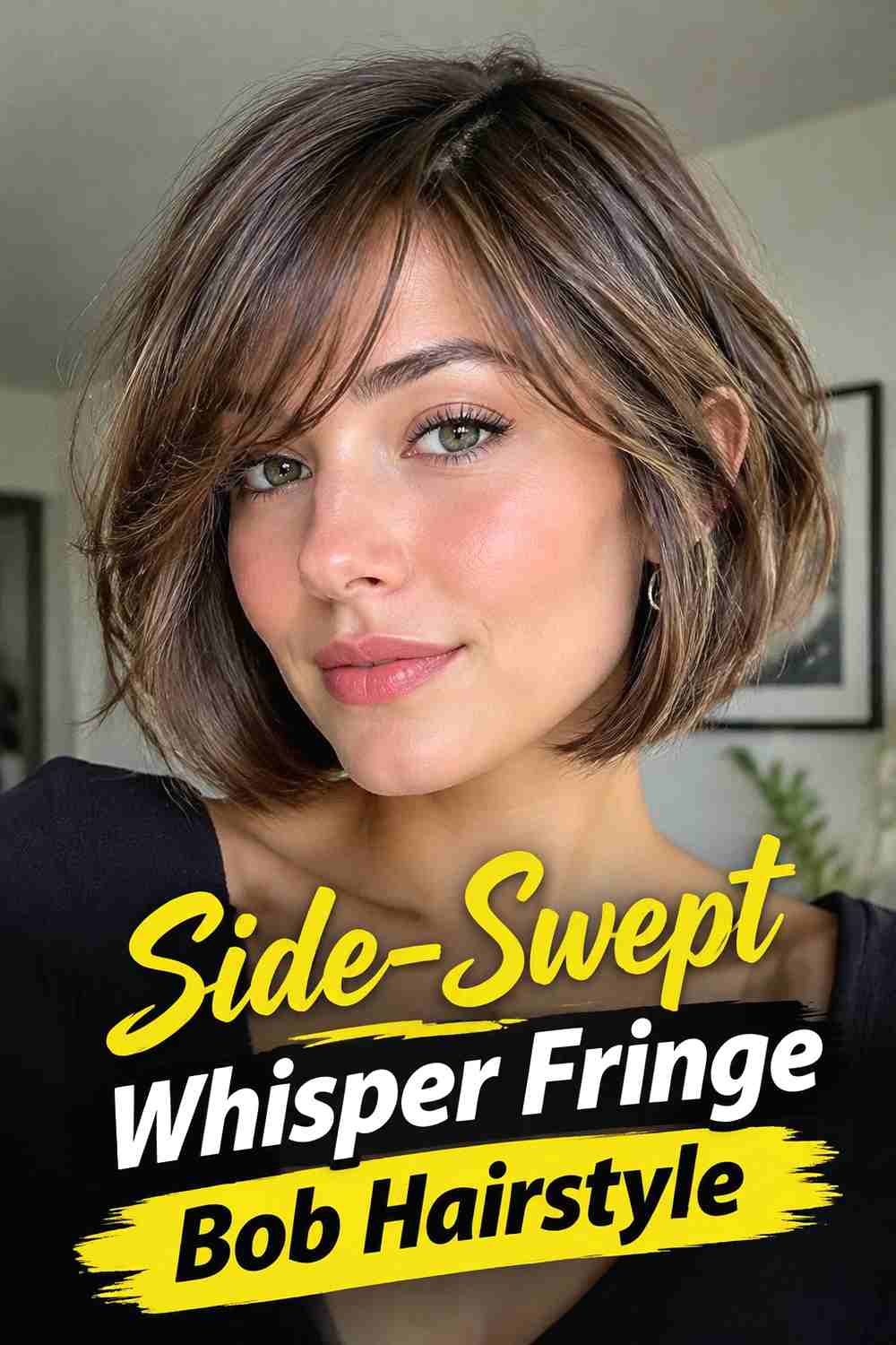 15. Side Swept Whisper Fringe Bob Hairstyle