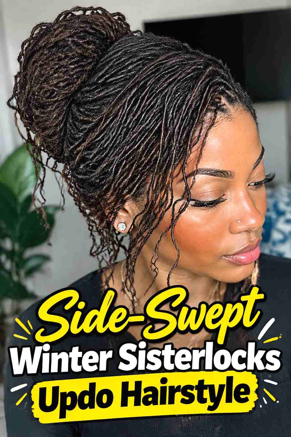 4. Side Swept Winter Sisterlocks Updo Hairstyle