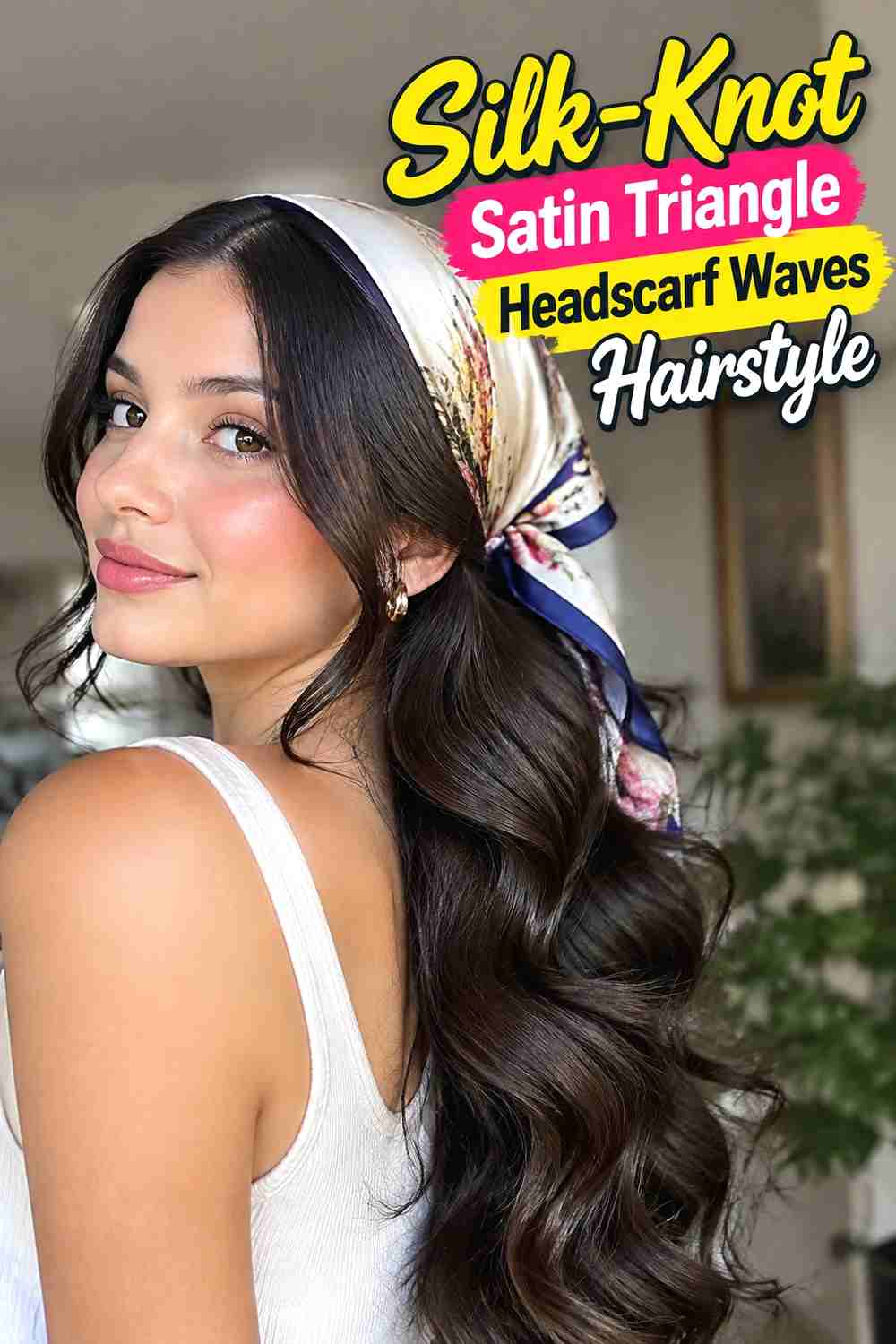 11. Silk Knot Satin Triangle Headscarf Waves Hairstyle
