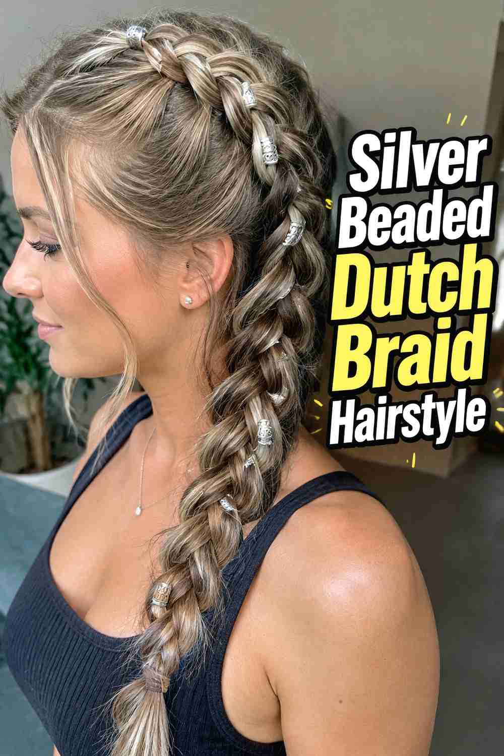 2. Silver Beaded Dutch Braid Hairstyle