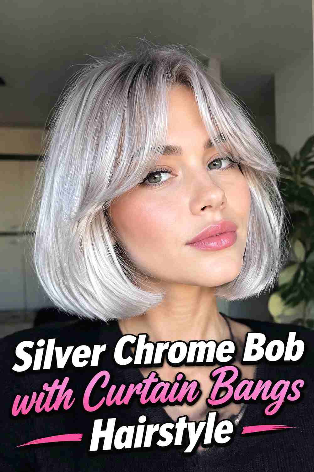 10. Silver Chrome Bob With Curtain Bangs Hairstyle