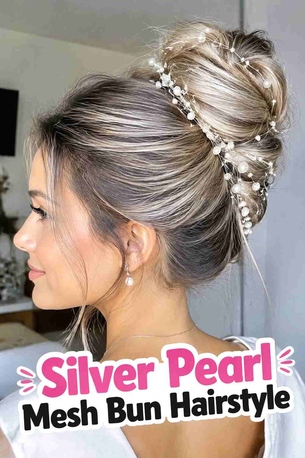 10. Silver Pearl Mesh Bun Hairstyle