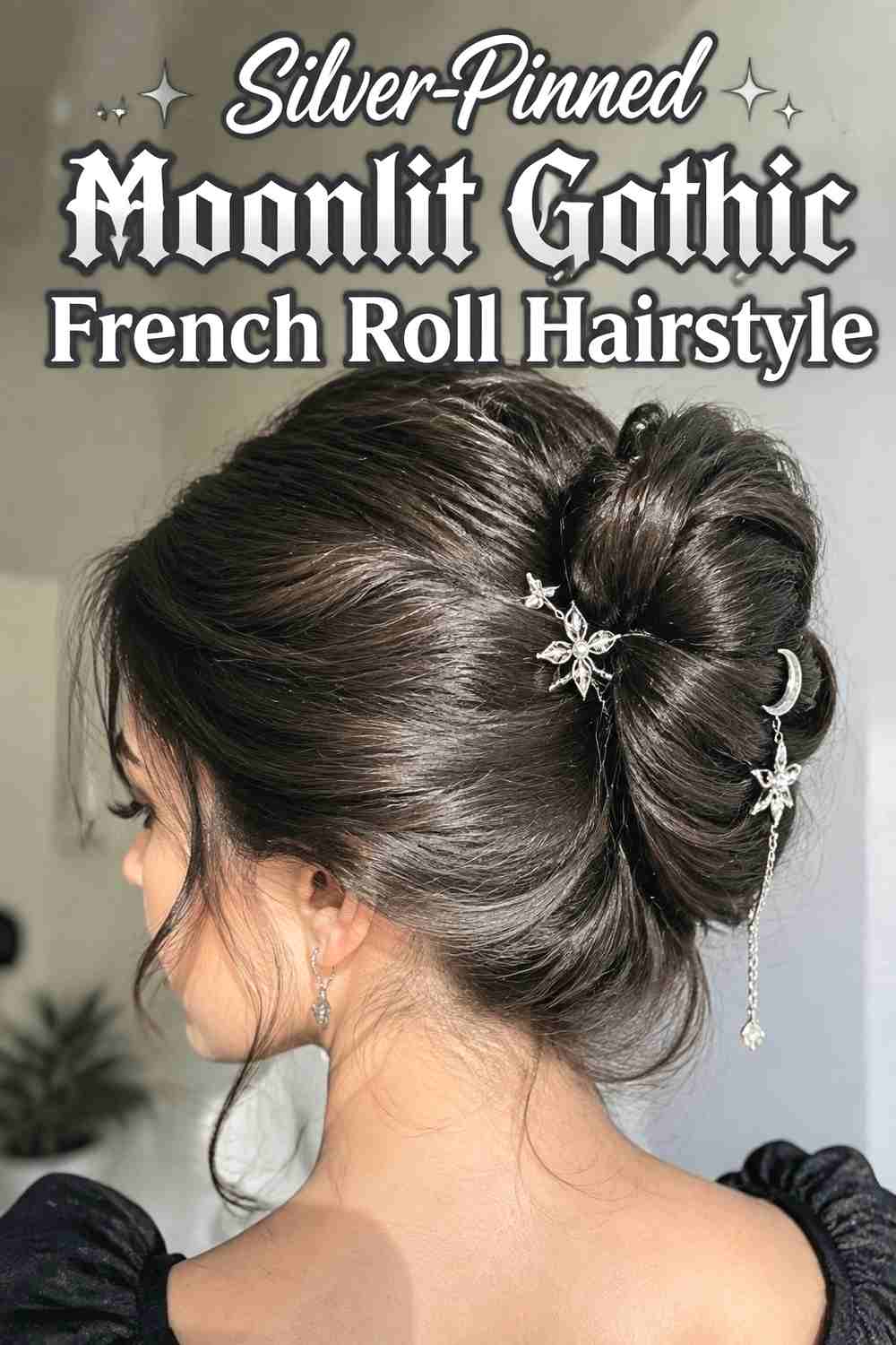 2. Silver Pinned Moonlit Gothic French Roll Hairstyle