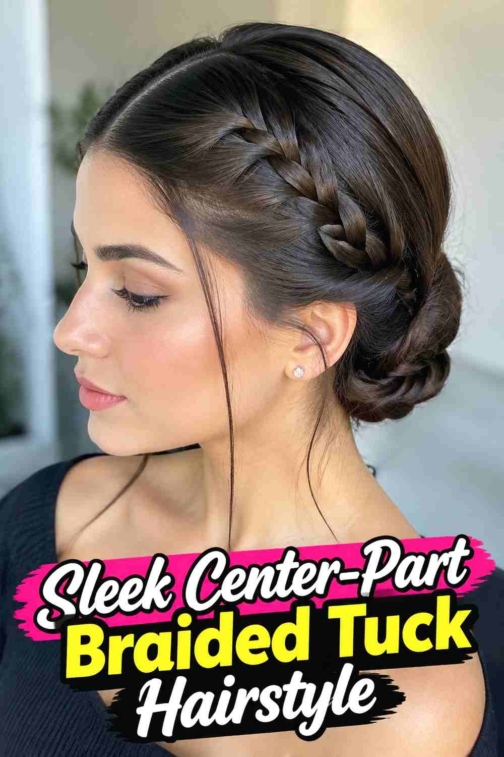 11. Sleek Center Part Braided Tuck Hairstyle