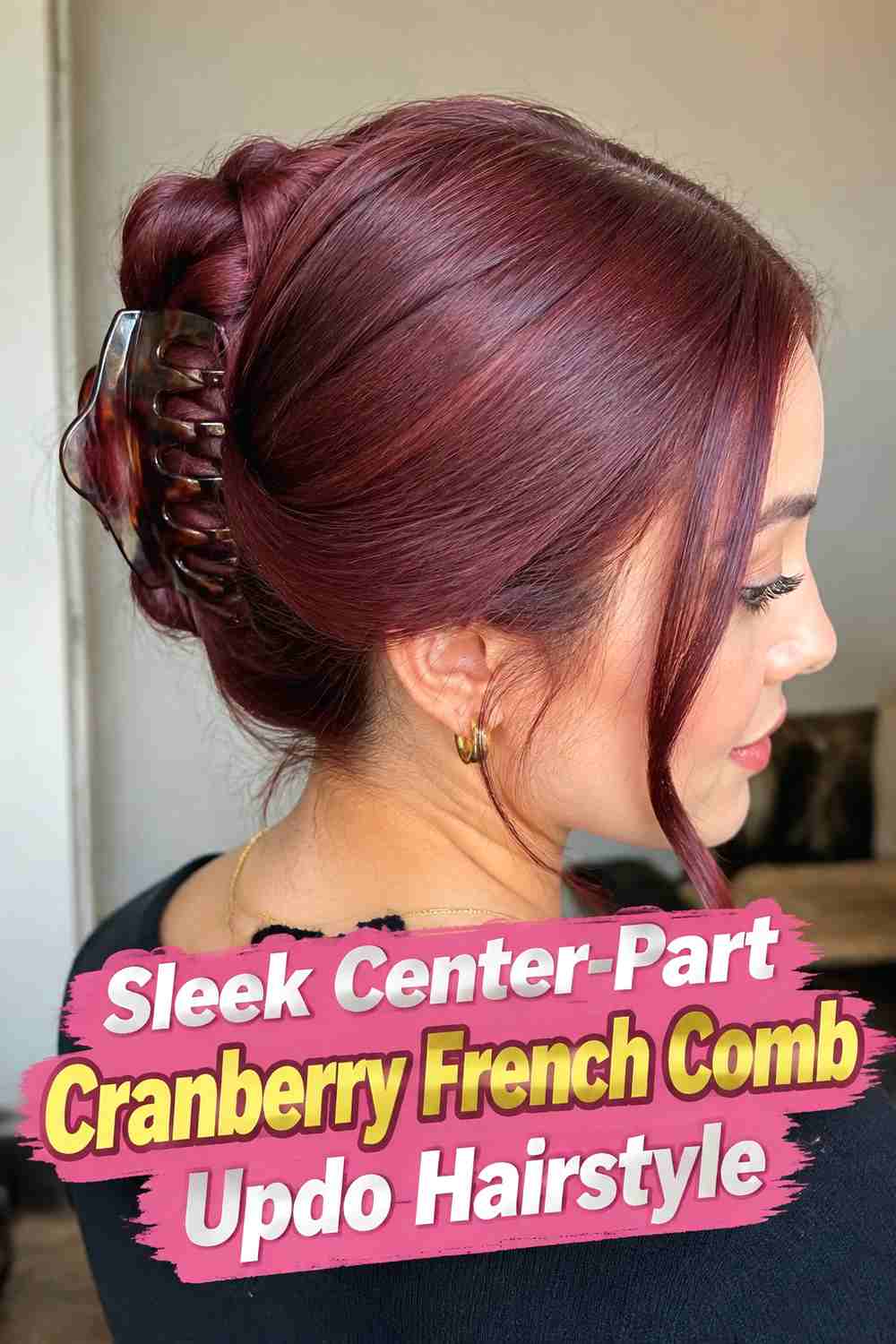 16. Sleek Center Part Cranberry French Comb Updo Hairstyle